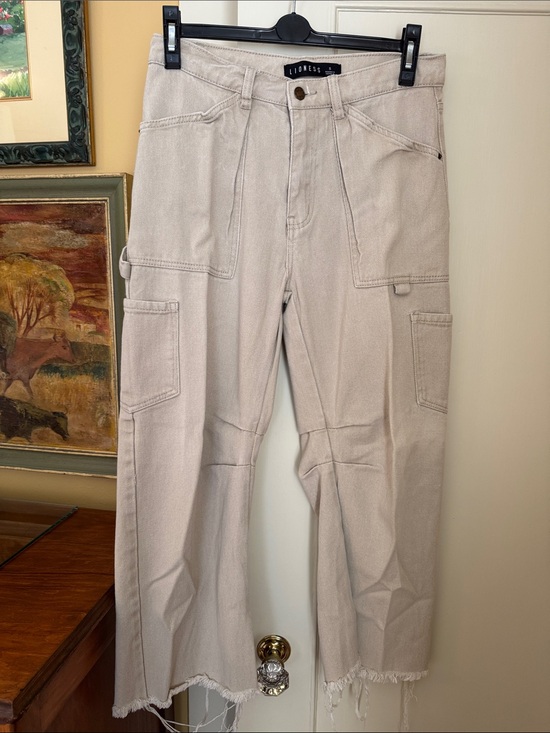 Lioness Pants - Lioness Light Beige Cargo Pants with Frayed Hem